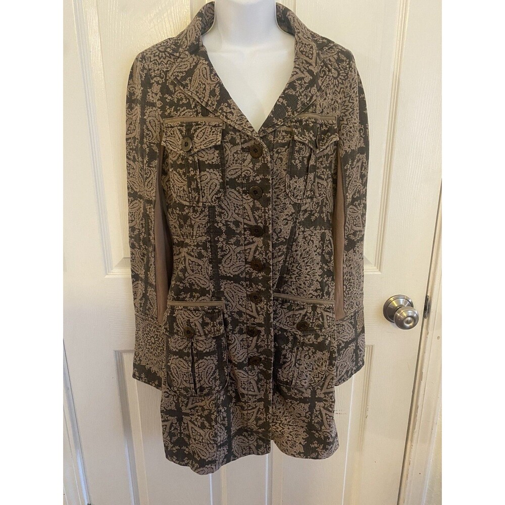 Free People Ramie Brown and Tan Floral Paisley Boho Trench Jacket Size 2
